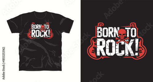 Rock and roll emblem featuring electric guitars and skull crossbones with vintage typography t-shirt design