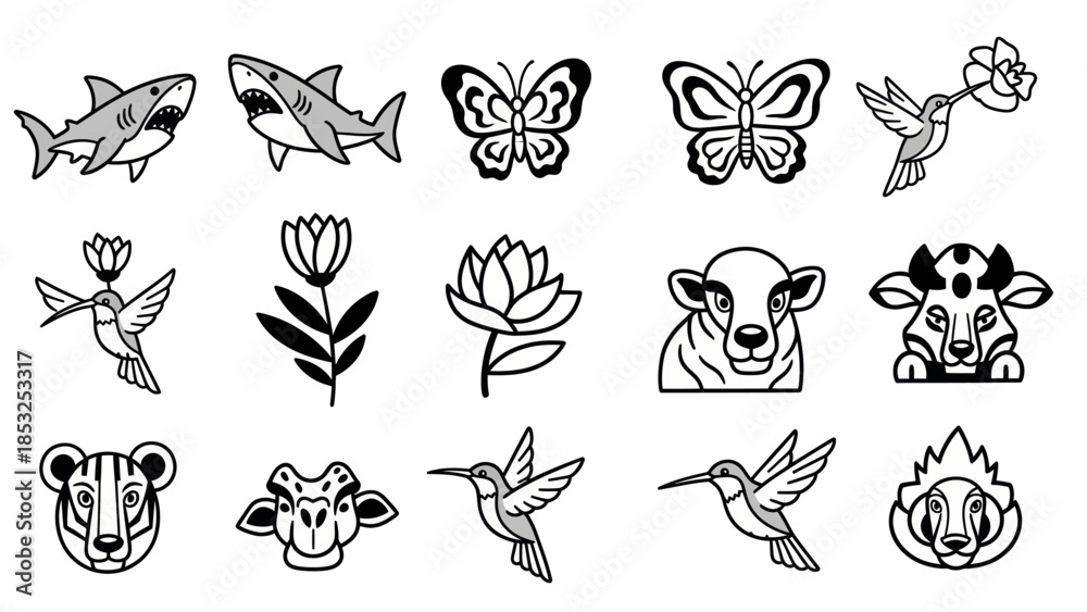 Fototapeta premium Set of line art animal illustrations including shark butterfly and hummingbirds