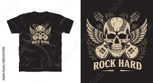 A vintage skull with angel wings and two electric guitars, surrounded by text and leaves t-shirt design