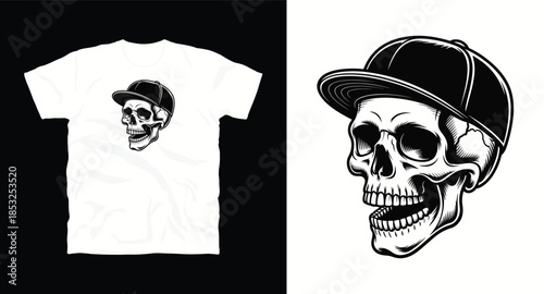 Skull wearing baseball cap and open mouth t-shirt design