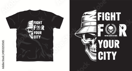 Skull wearing bucket hat with text fight for your city t-shirt design