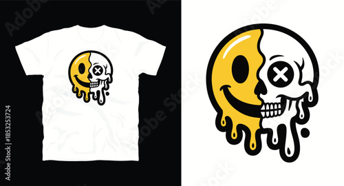 A melting smiley face combined with a skull vector illustration for graphic t-shirt design