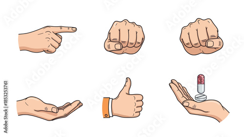Set of cartoon hands demonstrating various gestures and holding pills illustration