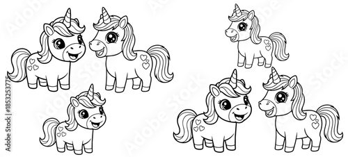 Cute fantasy unicorn on a rainbow among the clouds. Black and white. Vector