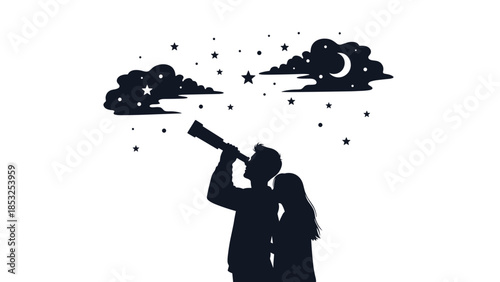 Silhouette of couple stargazing with telescope under celestial clouds