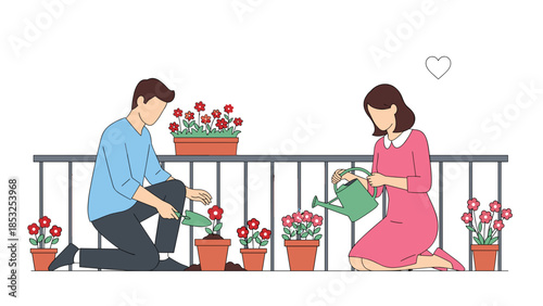 Couple gardening together on balcony, tending blossoming flowers with watering cans