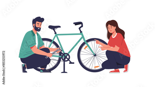 Young couple repairing a bicycle tire at home, fostering togetherness