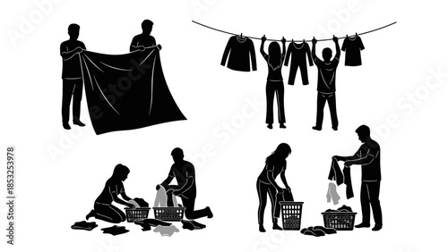 Silhouette characters doing laundry tasks in different scenes vector