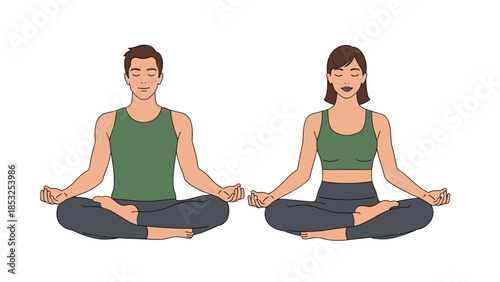 Meditating couple in lotus pose, vector illustration of healthy lifestyle
