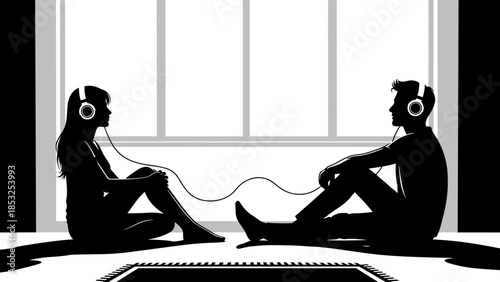 Silhouette couple headphones listening music by window, black and white