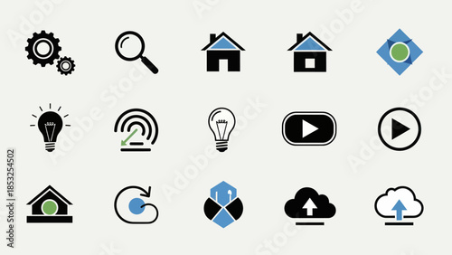 Collection of diverse icons representing settings, search, home, and various functions.
