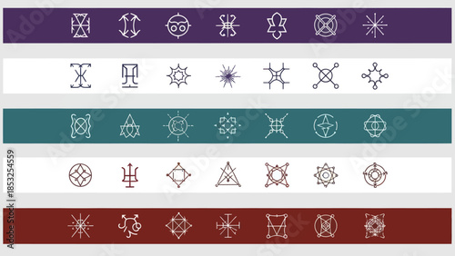 Collection of Esoteric Symbols and Geometric Shapes on Colored Backgrounds.