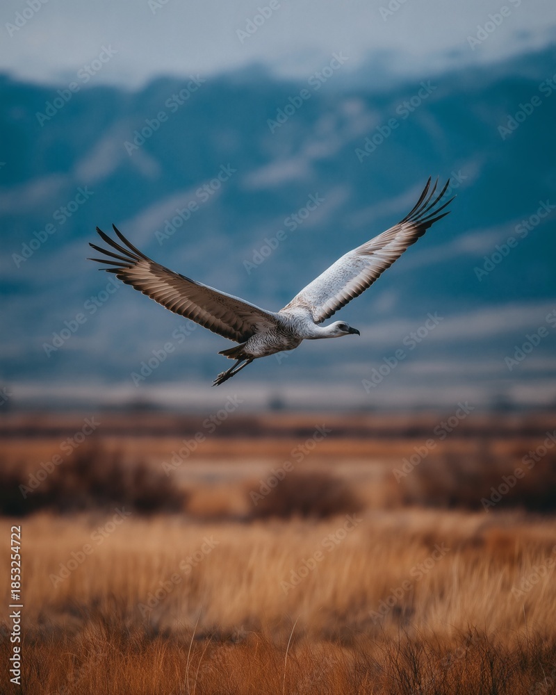 Obraz premium Sandhill crane soars in the sky, wings spread against mountain backdrop.