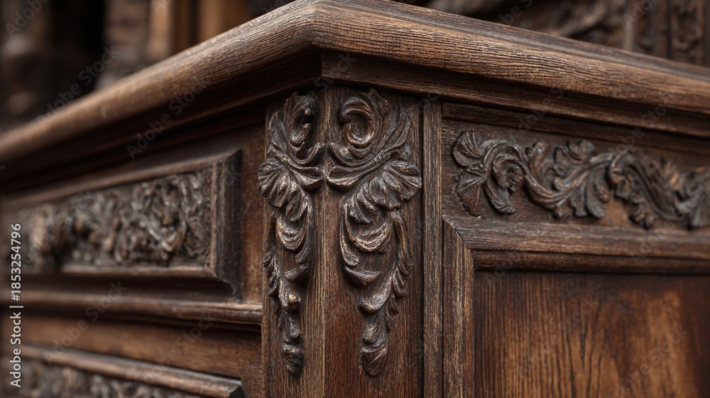 Naklejka premium Close-up on intricately carved dark wood furniture. The craftsmanship shows detailed floral motifs and textures, highlighting a rich, vintage aesthetic.