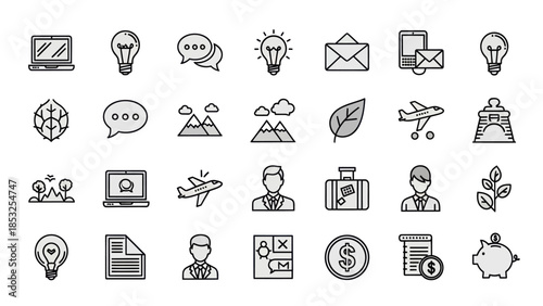 Collection of Hand-Drawn Business and Travel Icons.