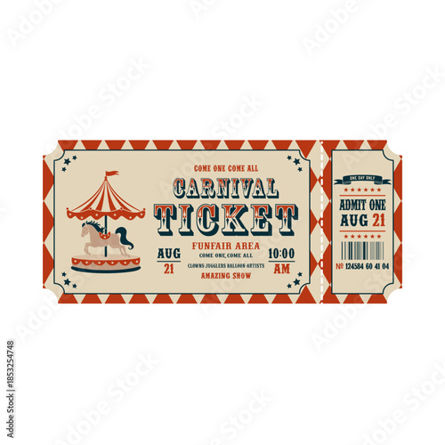 Vintage carnival ticket illustration for funfair admission. Vector
