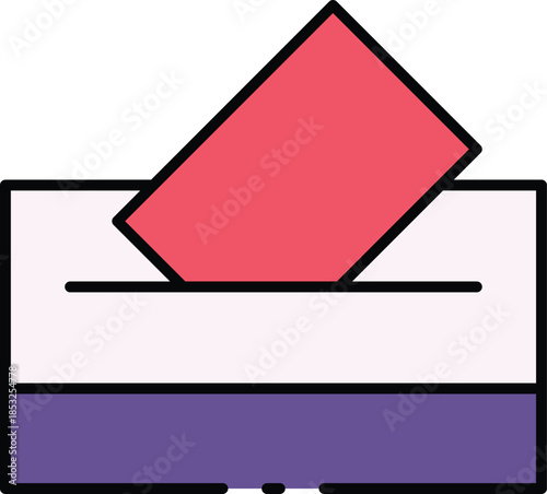 Red ballot paper being dropped into a purple and white ballot box