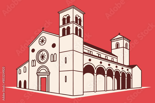 Historic Cathedral Illustration in Red Flat Style
