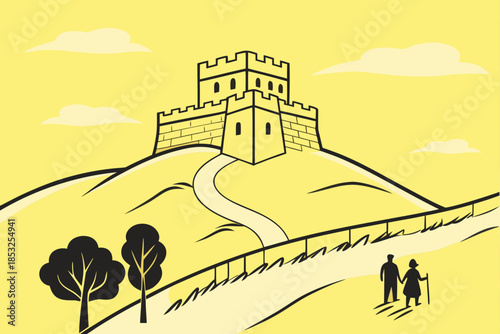Great Wall Style Fortress Illustration on Rolling Hills