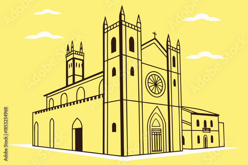 Gothic Church Illustration in Yellow Minimal Style