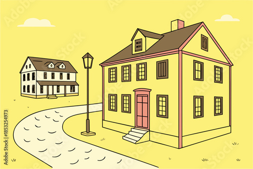 Suburban House Illustration in Yellow Flat Style