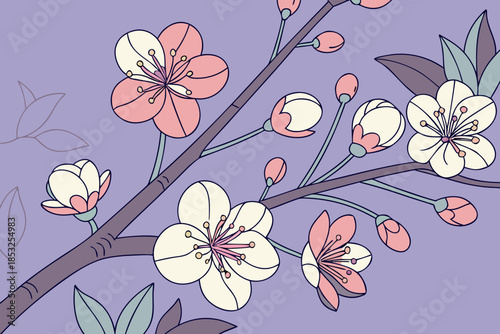 Cherry Blossom Branch Illustration with Pink Flowers