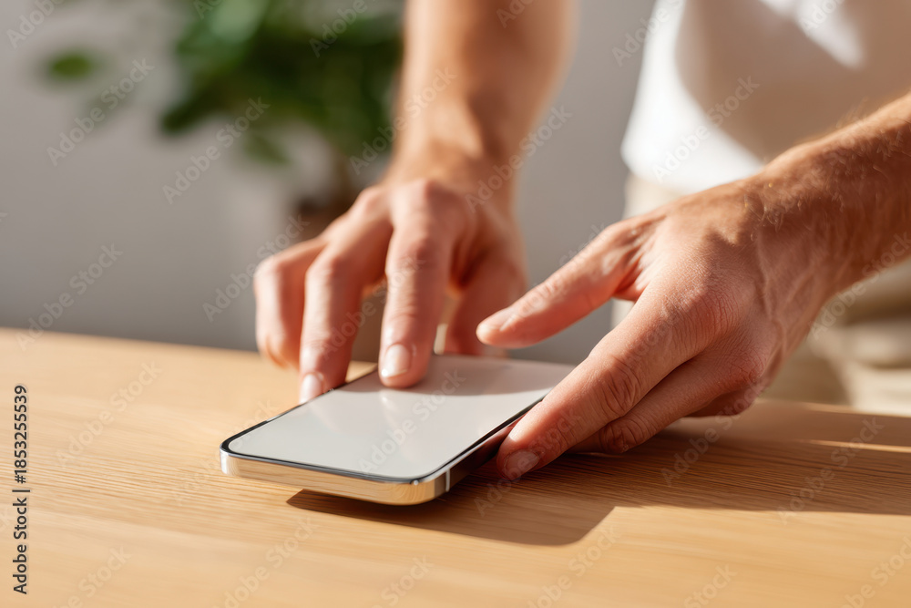 Fototapeta premium Person using smartphone on wooden table