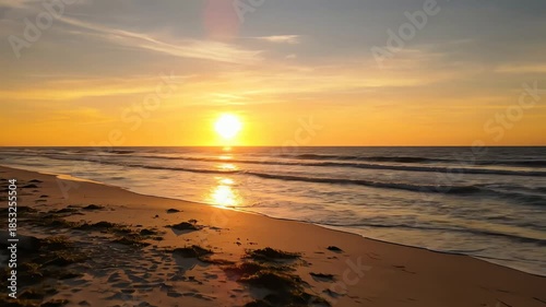 A tranquil golden hour sunset over a serene ocean with gentle waves lapping a sandy beach coast