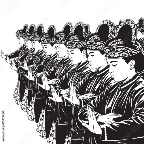 Lineup of traditional cloaked figures in ceremonial robes and hats during a cultural ritual.