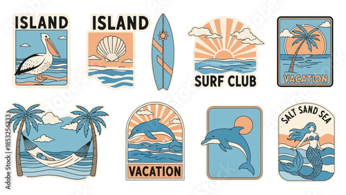 Vibrant beach stickers with tropical designs and surf themes