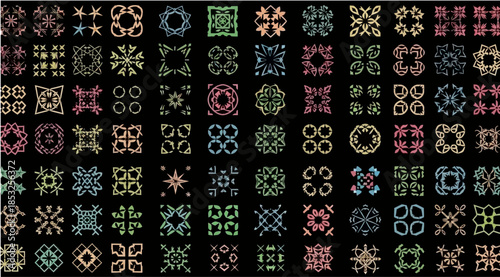 Vibrant geometric patterns on black background for design inspiration