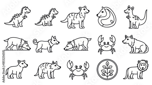 Set of various outlined animals and creatures for design elements