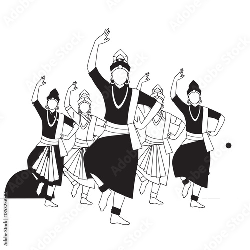 Illustration of a traditional folk dance with a group of dancers in ceremonial costumes performing.