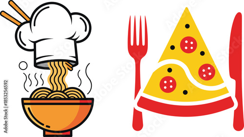 Food icons, noodle bowl illustration, pizza slice design, black outline, culinary symbol, meal branding, cuisine concept, dining badge