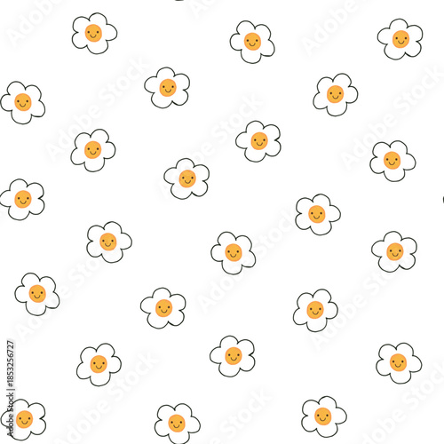 Simple smiling flowers camomile baby seamless vector pattern on white background.