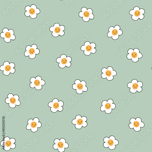 Simple smiling flowers camomile baby seamless vector pattern.