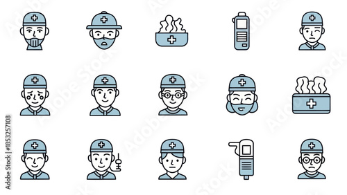 Medical icons representing healthcare professionals and tools in various styles
