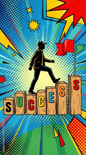 Businessman Running Up Steps to Success in Retro Pop Art Comic Style Vertical Background