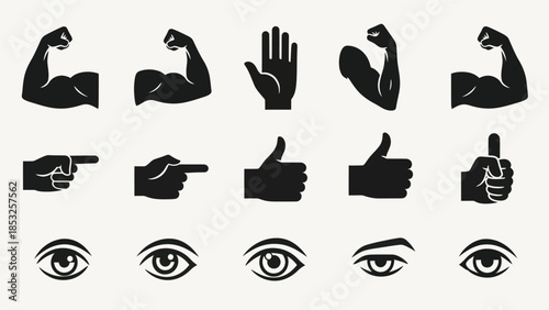 Set of silhouette hand gestures arm muscles and eye icons in black