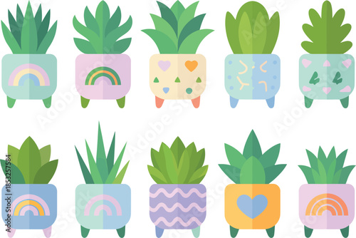 Colorful Succulents in Decorative Pots with Rainbow and Heart Designs