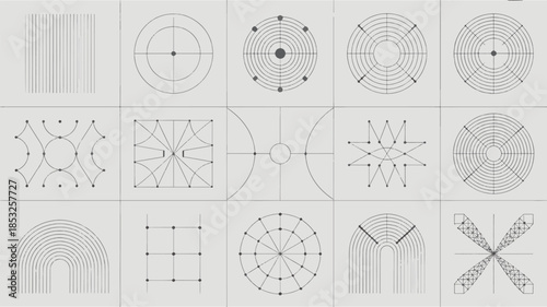 Set of Abstract Minimalist Geometric Engineering Diagrams and Technical Line Art Symbols
