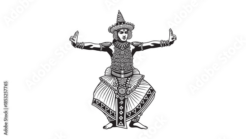 Traditional folkloric dancer in elaborate ceremonial attire performing a poised pose.