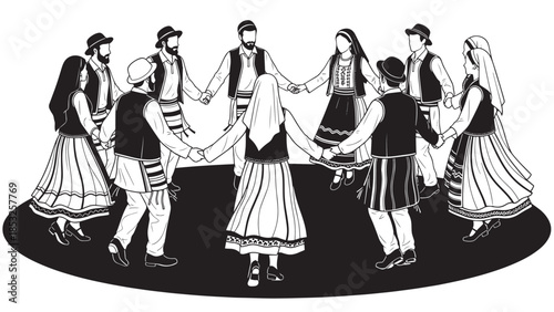 Traditional folk dancers in a circle wearing matching costumes.