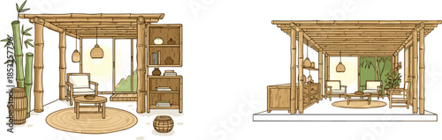 Rustic outdoor living, wooden pergola design, natural materials, woven decor, bamboo plant, cozy seating, scenic view, minimalist architecture, warm ambiance