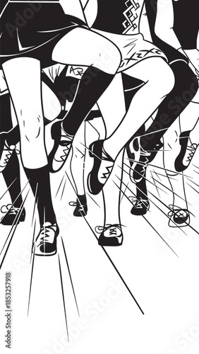 Monochrome illustration of multiple feet and high heels arranged in a dramatic perspective.