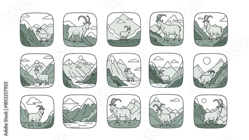 Mountain goats in scenic landscapes vector illustrations for various designs