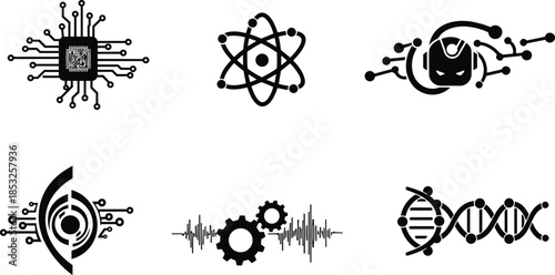 Science tech icons, microchip symbol, atom model, AI head, biometric design, DNA helix, black illustration, digital emblem, innovation concept