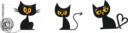 black cat evolution from yarn ball to playful kitten minimalist vector illustration design isolated on white background.