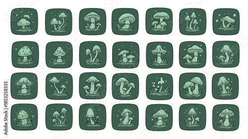 Set of stylized mushroom illustrations in green against a dark background