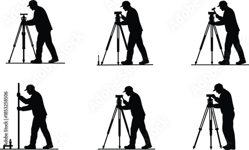 Surveying silhouette, tripod instrument, theodolite operator, land measurement, construction alignment, leveling staff, observation posture, mapping process, cap figure, field equipment